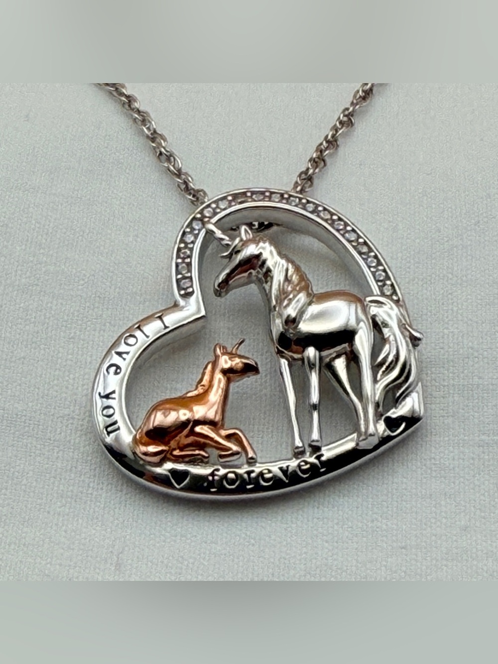 Sterling Silver Heart Pendant 17” Necklace Unicorns - Love You Forever